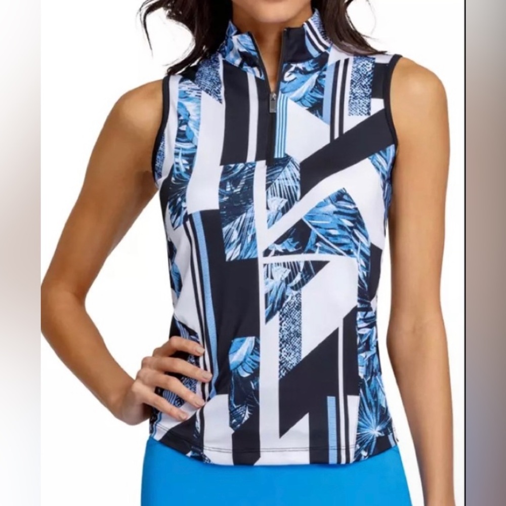 TAIL WHITE LABEL 1/4 zip SLEEVELESS PALMS BLUE TENNIS SHIRT